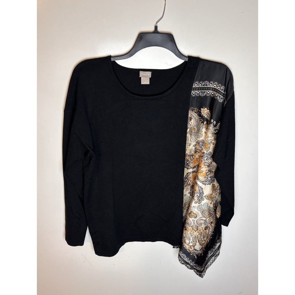 Chico's Scarf-Detail Tunic Paisley Black Boho Long Sleeve Casual Blouse Top LG